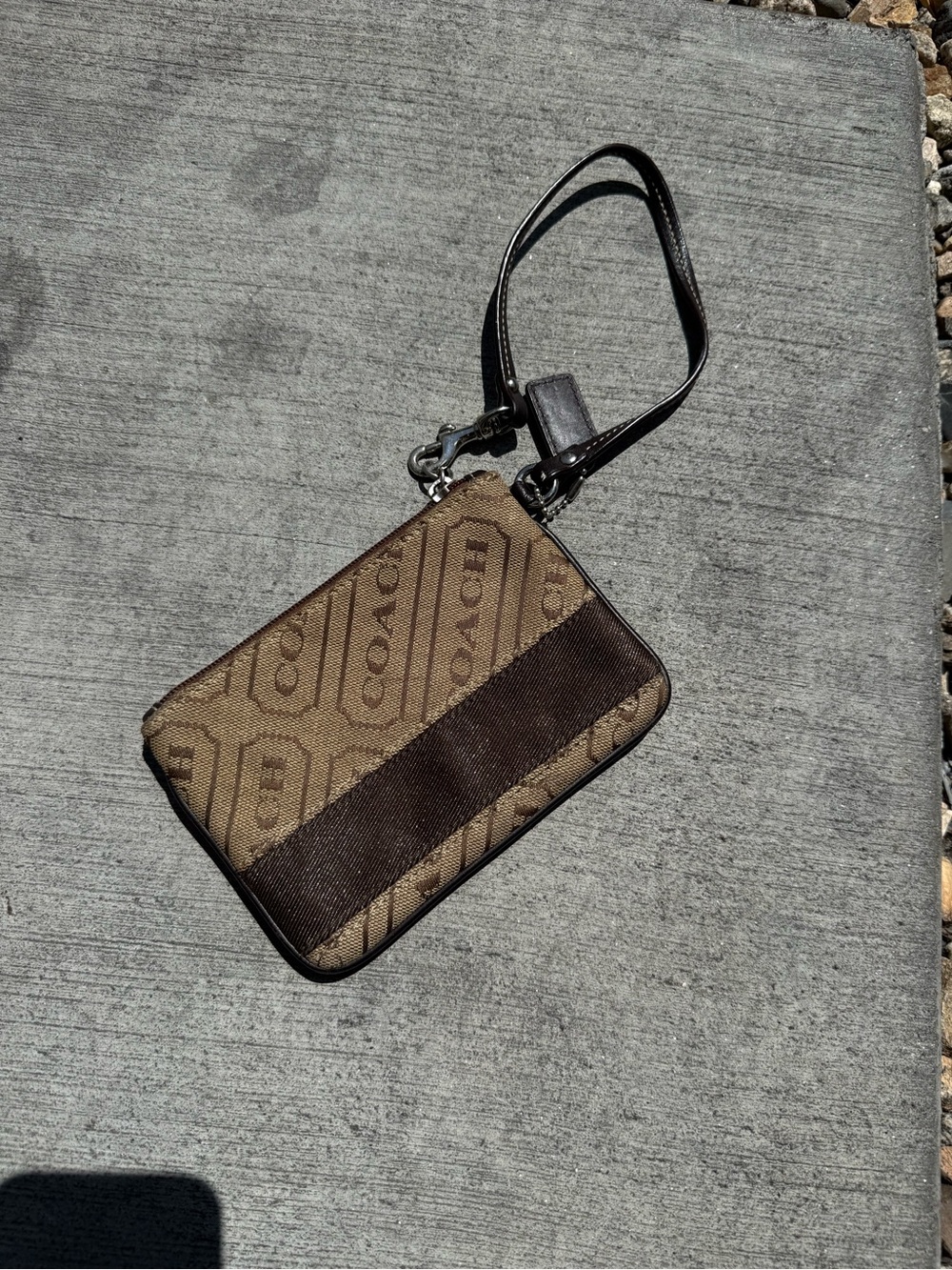 Coach Brown Signature Canvas Wristlet with Dark Brown Trim